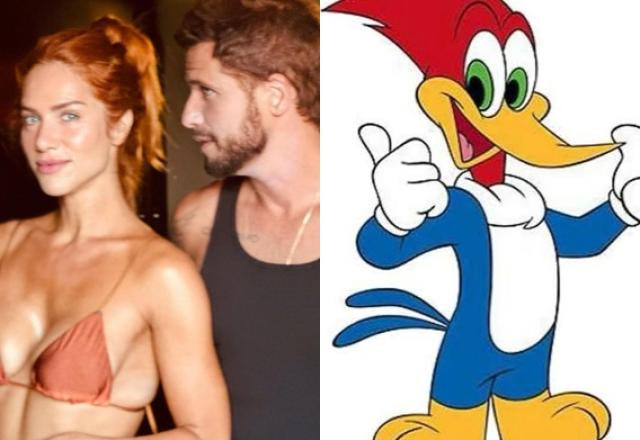 Montagem com foto de Bruno Gagliasso e Giovanna Ewbank e o desenho do personagem Pica-Pau ao lado