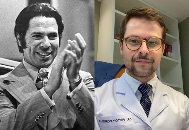 Montagem com uma foto de Silvio Santos em preto e branco aplaudindo e ao lado a foto do médico Victor Dornelas, de Jaleco e óculos