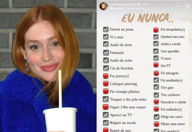 Montagem com foto de Marina Ruy Barbosa, vestida de azul e segurando um Milk Shake e ao lado uma publicação da brincadeira Eu Nunca