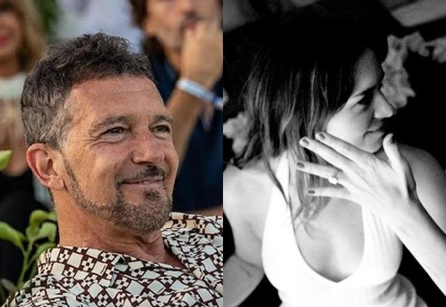 Montagem com fotos de Antônio Banderas sorrindo e outra foto com sua filha Stella del Carmen mostrando o anel de noivado em preto e branco