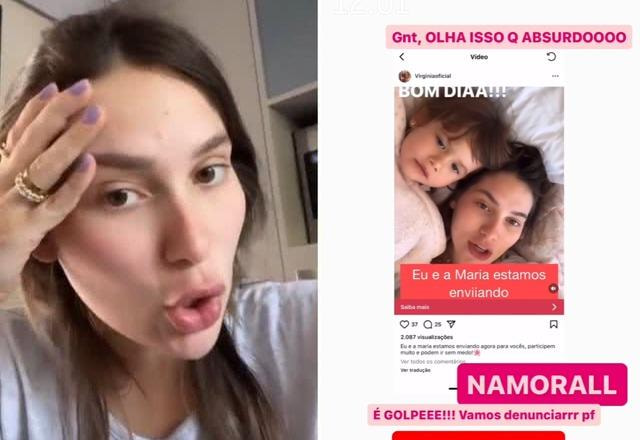 Montagem com fotos de Virginia com expressão de indignação, brava e outra com uma imagem de um golpe de internet usando a imagem de Virginia e sua filha mais nova Maria Flor