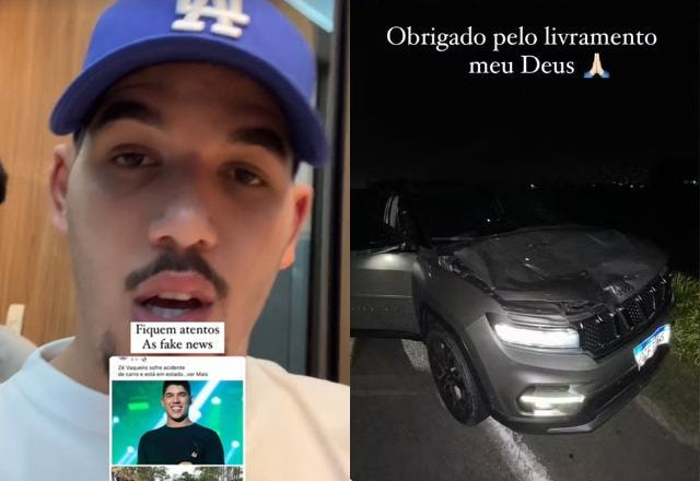 Montagem com fotos de Zé Vaqueiro falando nos Stories, vestido com um boné, e seu carro batido em uma acidente a noite