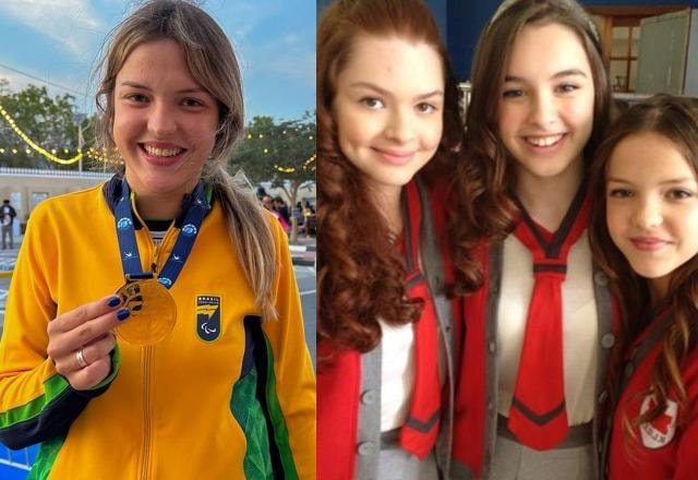 Montagem com foto de Giovanna Buscollo segurando medalha em mãos e vestida com uniforme de delegação brasileira e outra foto de Giovanna Buscolo participando da novela Chiquititas