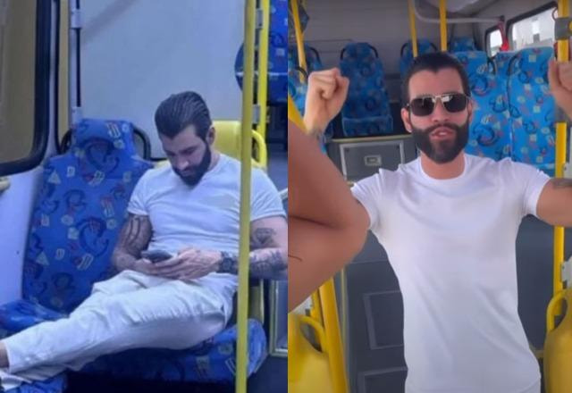 Montagem com fotos de Gusttavo Lima vestido com roupas brancas dentro de um ônibus convencional