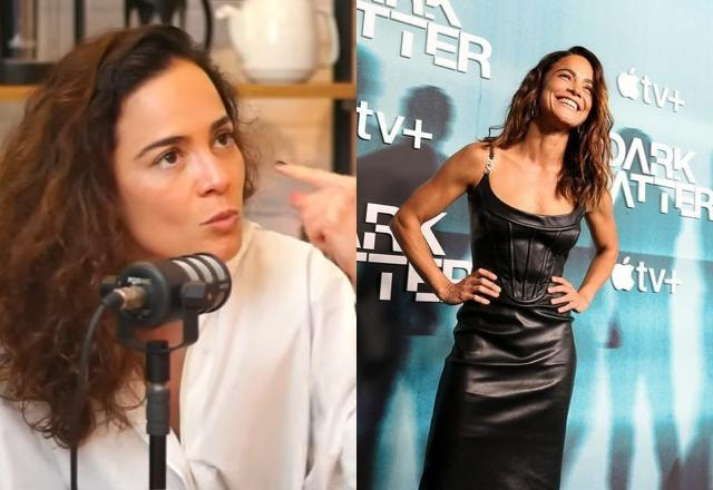 Montagem com fotos de Alice Braga vestida de vestido preto em evento da série Dark Matter e outra foto de Alice Braga em um podcast