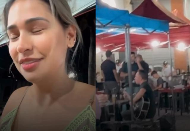 Montagem com fotos de Simone Mendes de olhos fechados em uma feira livre e outra de uma cantor sentado em uma banco da feira livre