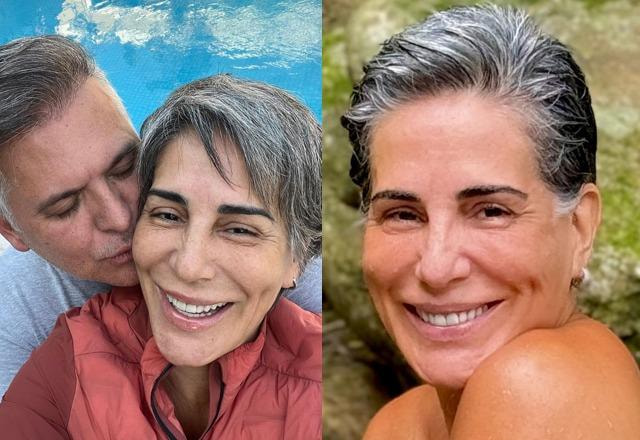 Montagem com fotos de Gloria Pires sorrindo e outra de Glória Pires e Orlando Morais abraçados