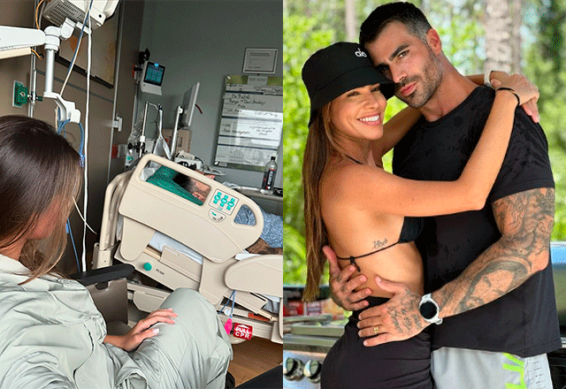 montagem com foto de adriana e rodrigão no hospital e deles abraçados