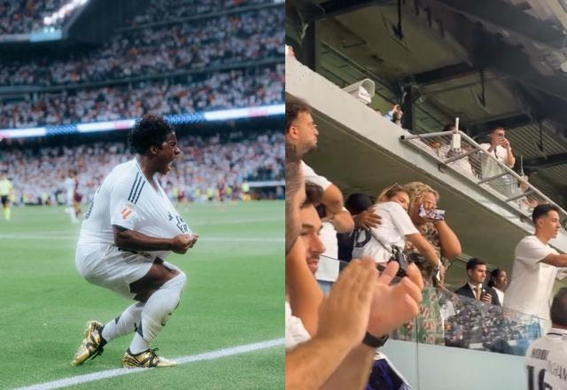 Montagem com foto de Endrick vestido com a camisa do time real madrid comemorando um gol e ao lado foto de Cíntia Ramos e Gabrielly Miranda se abraçando mãe de Endricl e namorada de endrick