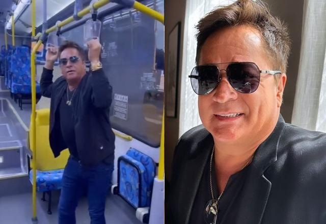 Montagem com fotos de Leonardo, uma delas com ele de pé dentro de um ônibus e outra vestido de preto com óculos escuros