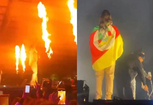 Montagem com fotos de Maiara e Maraisa em Palco quando um equipamento solta fogo e pessoas saem para apagar as chamas