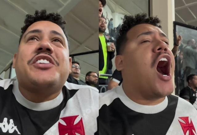 Montagem com fotos de Lucas Buda usando camisa do time de futebol Vasco da Gam em meio a torcida em estádio de futebol