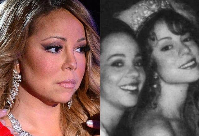 Montagem com foto de Mariah Carey com semblante triste e outra foto em preto e branco de Mariah carey com sua irmã Alison