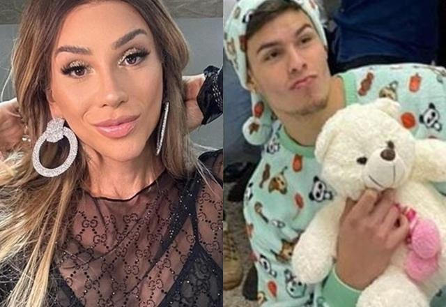 Montagem com foto de Maya Massafera e Kauâ Penna, vestido com um pijama azul, novo romance de Maya