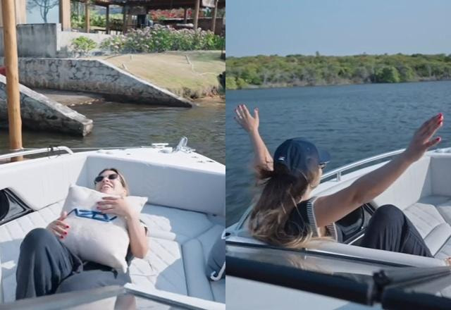 Montagem com fotos de Simone Mendes dentro de sua nova lancha, barco de luxo