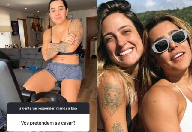 Montagem com foto de Lauana Prado fazendo exercício em um bicicleta ergométrica, com uma pergunta escrita na tela de se ela pretende se casar, e ao lado uma foto de Lauana Prado com Tati Dias