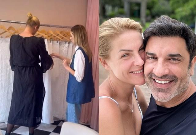 Montagem com fotos de Ana Hickmann junto com Edu Guedes e Ana Hickmann de pé, vestida de preto e olhando a prova de seu vestido de noiva