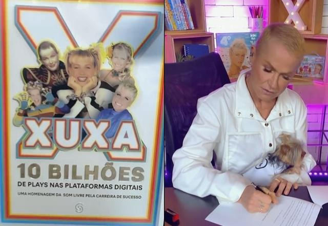 Montagem com imagens da cantora Xuxa assinando contrato para novo álbum e ao lado placa comemorativa de  10 bilhões de plays nas plataformas digitais