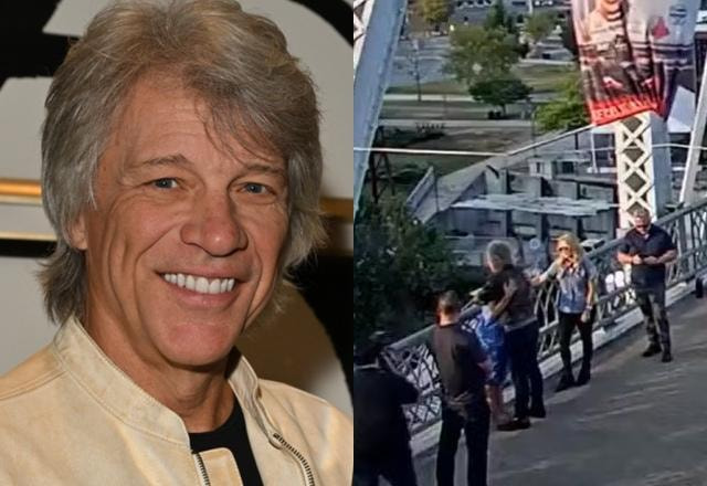 Montagem com imagens de Jon Bon Jovi abraçando uma mulher em um ponte na cidade de Nasville, ao salvá-la e ao lado uma foto de Bon Jovi sorrindo