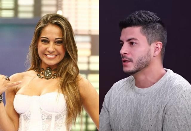 Montagem com imagens de Maíra Cardi sorrindo e fazendo um gesto com a mão e Arthur Aguiar dando entrevista em podcast da CNN