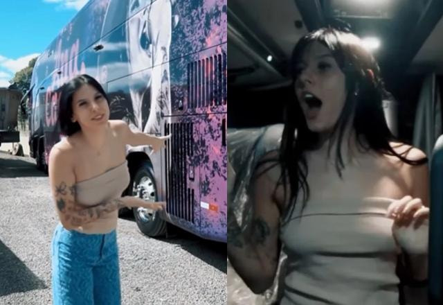 Montagem com fotos de Ana Castela mostrando o seu novo ônibus de turnê