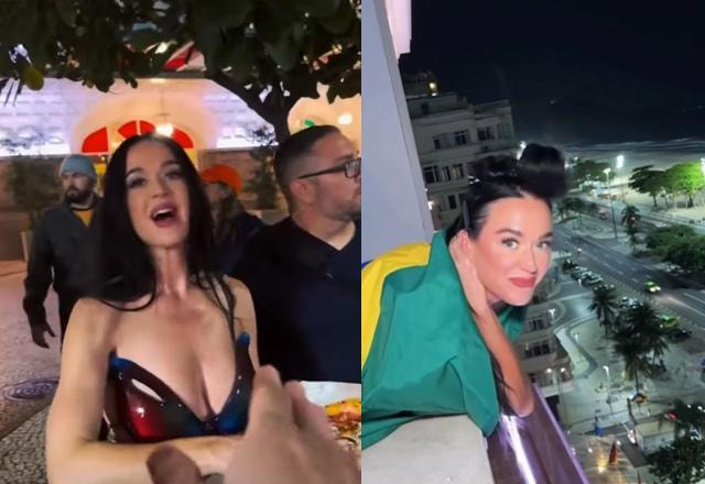 Montagem com fotos de Katy Perry enrolada na bandeira do Brasil, na sacada do hotel e outra distribuindo pizzas a seus fãs