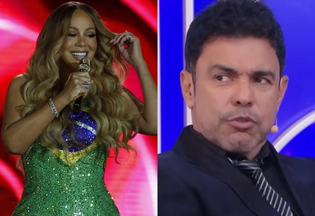 Montagem com imagens de Zezé de Camargo com uma expressão de julgamento e Mariah Carey no palco com um vestido estampado com a bandeira do Brasil