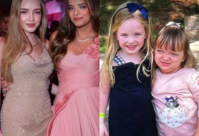 Montagem com fotos de Pietra Quintela e Rafaela Justus, de uma lado na infância e outro na festa de 15 anos de Rafaela Justus