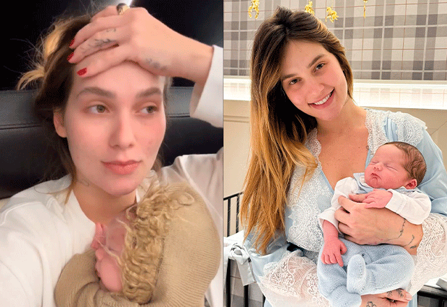 duas fotos de virginia com o filho mais novo no colo