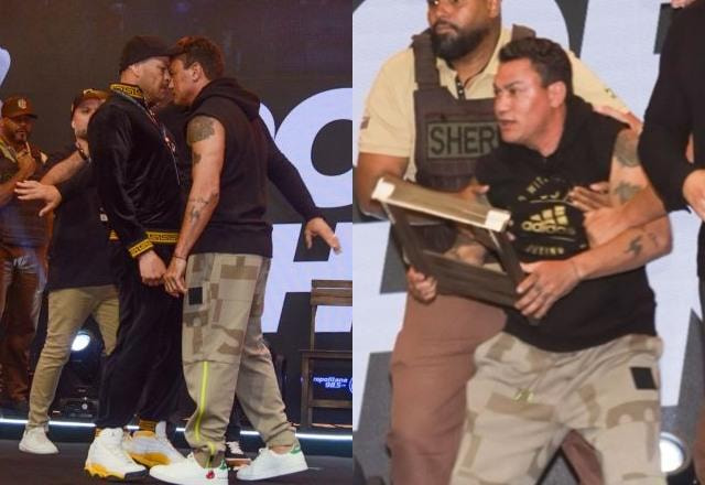 Montagem com fotos de Acelino Popó dando uma cadeirada no lutador El Chino durante a apresentação do Fight Music Show