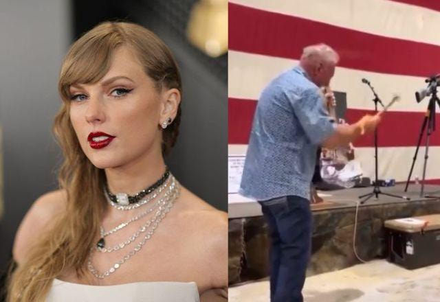 Na montagem aparece Taylor Swift do lado esquerdo, e um homem destruindo um violão do lado direito