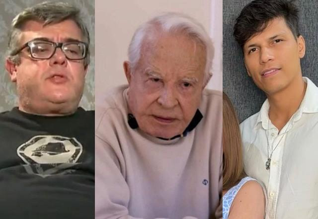 Montagem com fotos de Cid Moreira e ao lado fotos de seus filhos Rodrigo e Roger Moreira