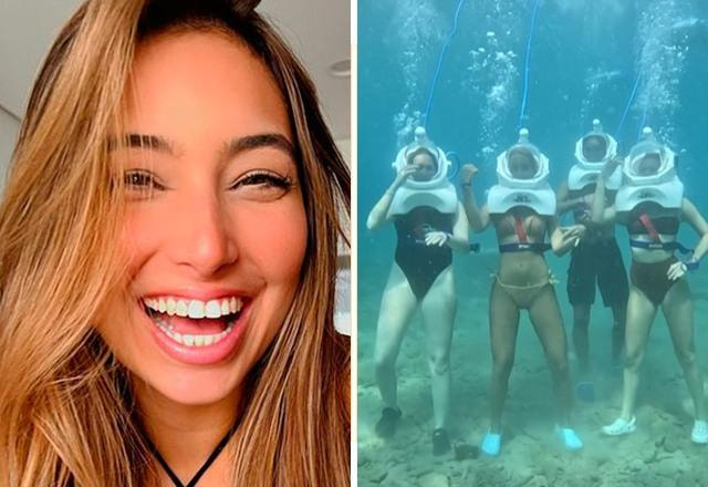 Montagem com foto de Vanessa Lopes rindo, e ao lado imagem de Vanessa e outras influenciadoras dançando embaixo da agua