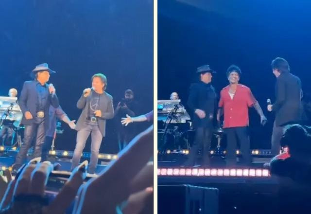 Montagens com fotos de show de Bruno Mars com Chitãozinho e Xororó no palco