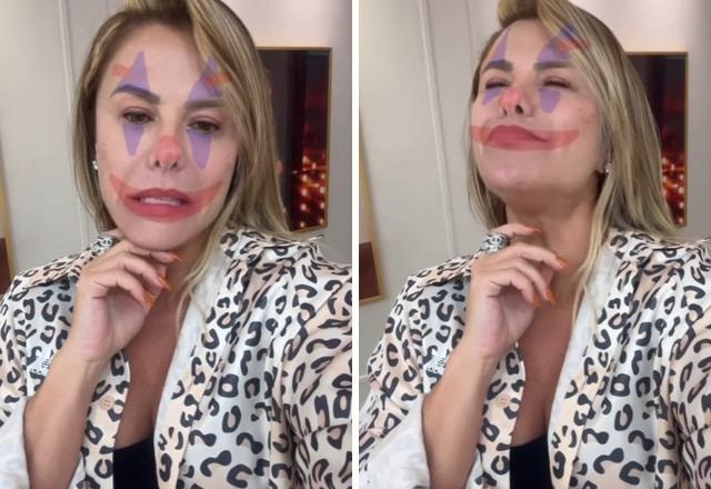 Montagem com fotos de Poliana Rocha com filtro de rosto pintado de palhaço em publicação sobre falsidade