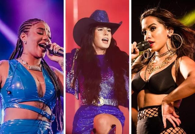 Montagem com fotos de Ludmilla, Ana Castela e Anitta, em referência ao evento Carnaval na Cidade 2025
