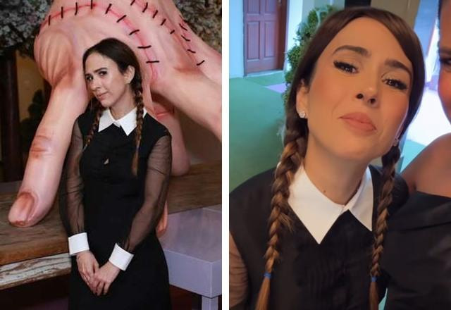 Montagem com fotos de Tatá Werneck fantasiada de Wandinha da Familia Addams, para a festa de aniversário de sua filha