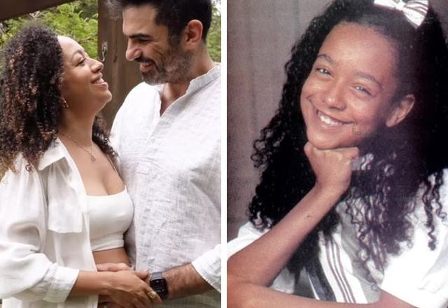 Montagem com fotos da ex-Chiquitita Aretha Oliveira, uma junto com seu esposo e outra quando era criança