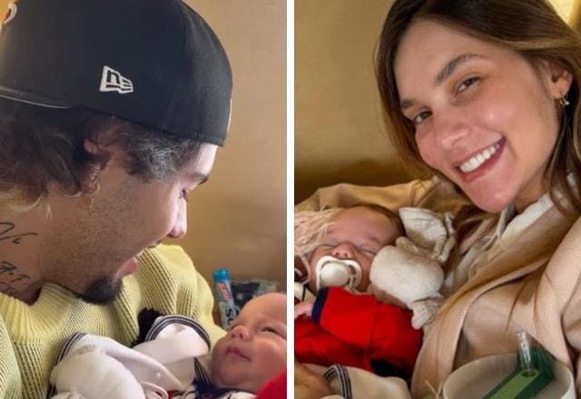 Montagem com fotos de Zé Felipe e Virginia Fonseca segurando no colo seu filho, José Leonardo, em sua primeira viagem de avião