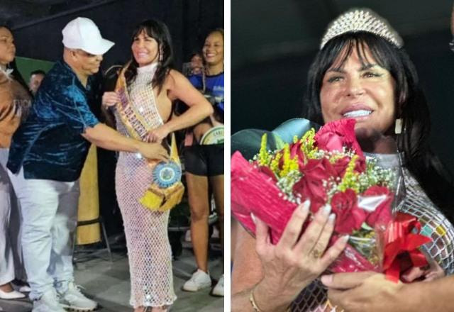 Montagem com fotos da coroação de Gretchen como rainha da bateria da escola de samba independente de eucalipeto