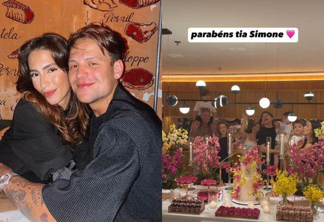 Na montagem aparece Gabi Brandt e Saulo Poncio do lado esquerdo, e o print do vídeo de parabéns de Simone Poncio do lado esquerdo