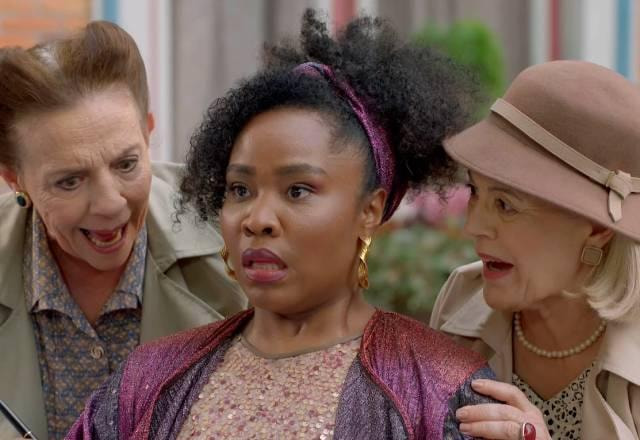 Shirley, Wanda e Fafá com expressão de assustadas