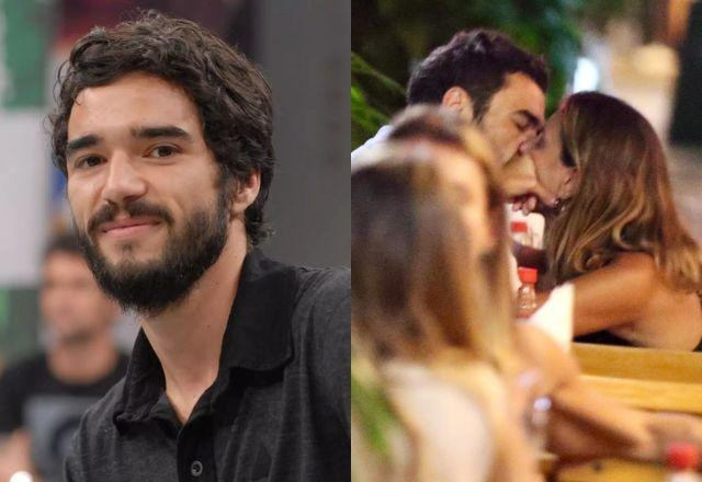 Caio Blat do lado esquerdo, e Caio Blat beijando loira misteriosa no lado direito