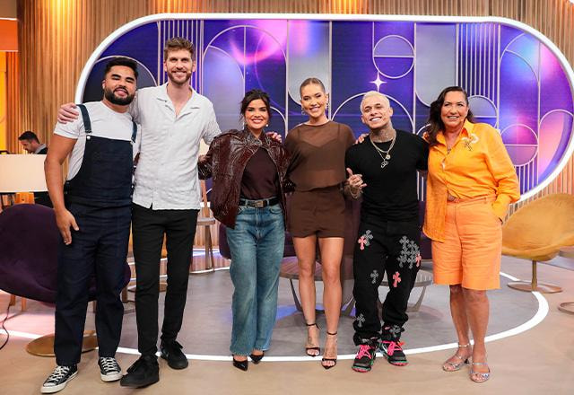 Lucas Guedez, Paul Cabannes, Vanessa Giacomo, Virginia, Pedrinho e Margareth Serrão posam juntos para foto.