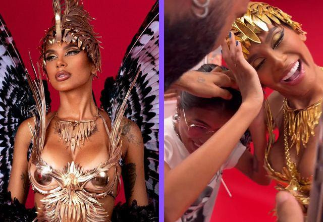 Pocah e Pocah com a cabeça da fantasia de Sabrina Sato presa no cabelo da funcionária