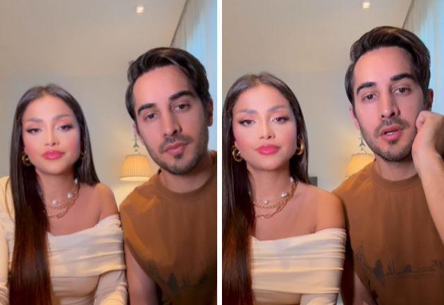 Diogo Melim e Nanda Caroll falam para a câmera.