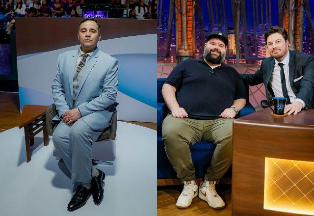 Valter Guijhon no centro do Roda Solta (esq.); Danilo Gentili posa ao lado de Gus Horn no palco do The Noite (dir.)