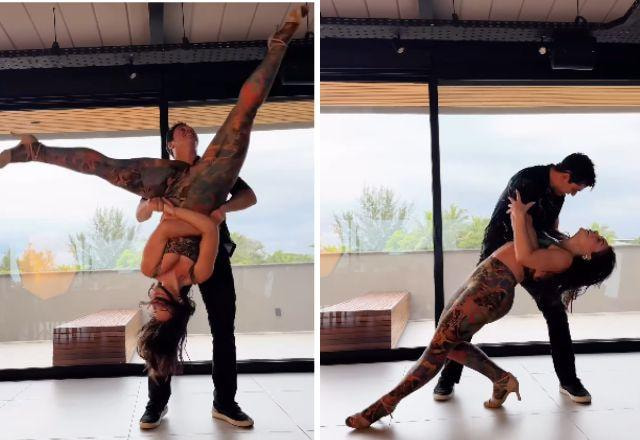 Print do vídeo em que Paolla Oliveira e Leandro Azevedo dançam salsa juntos.