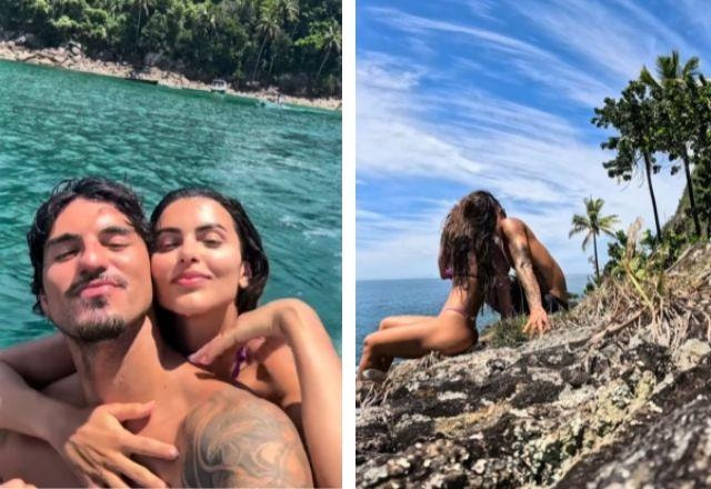 Print do vídeo mostra Gabriel Medina e Isabella Arantes na praia.