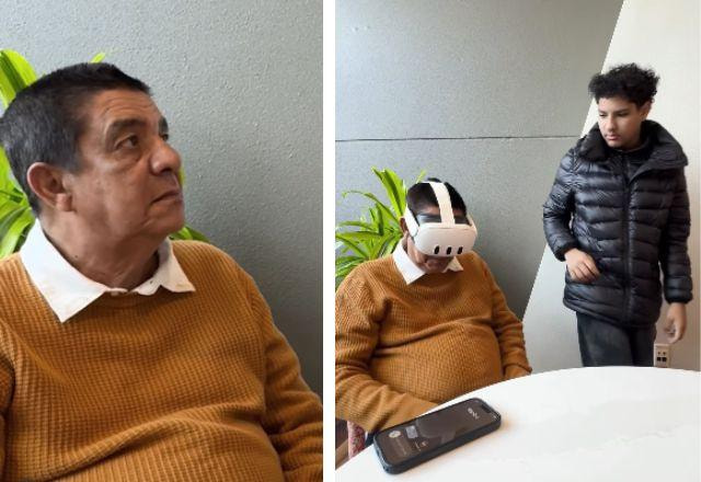 Zeca Pagodinho com óculos de realidade virtual.